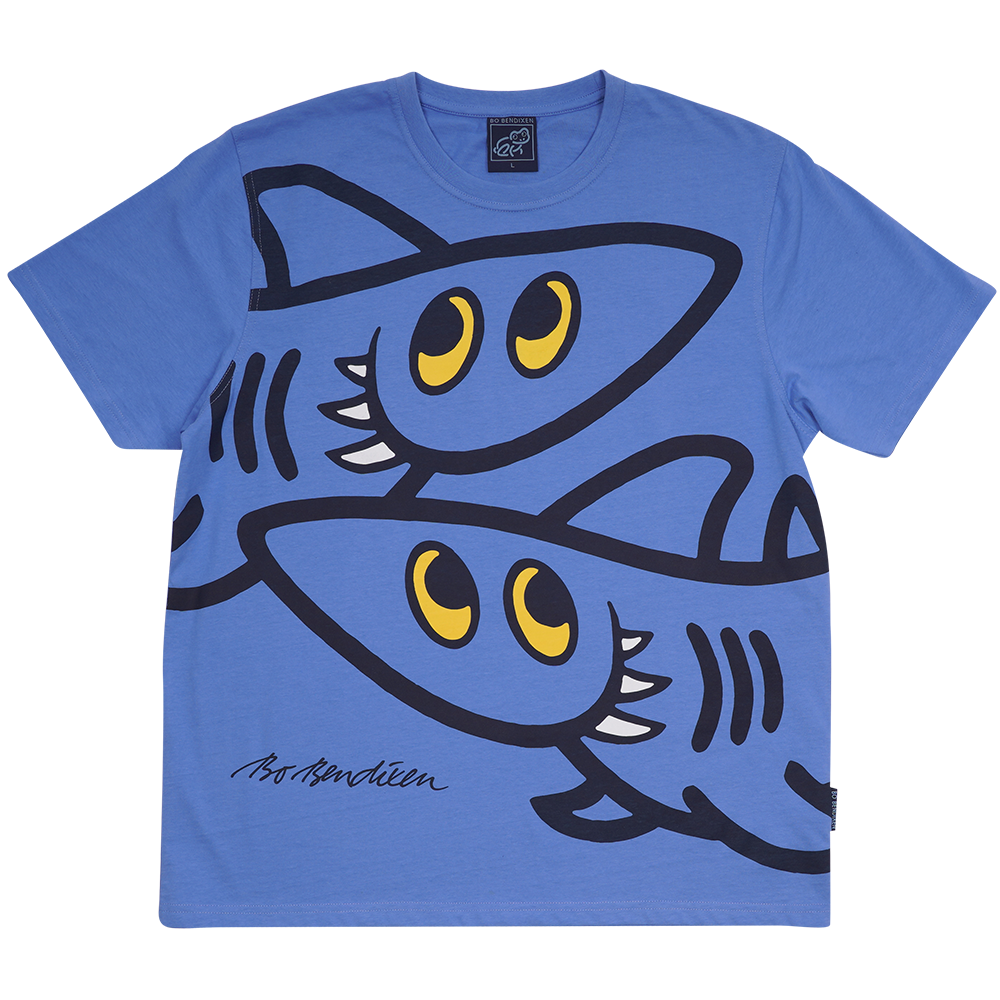 T-SHIRT VOKSEN SJOVE HAJER LYSEBLÅ 1